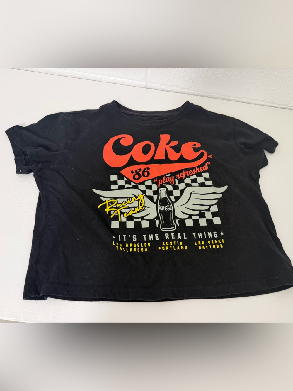 Coca Cola Women’s Black Cropped Tee with Red and Yellow Graphic Size L (unclear)
